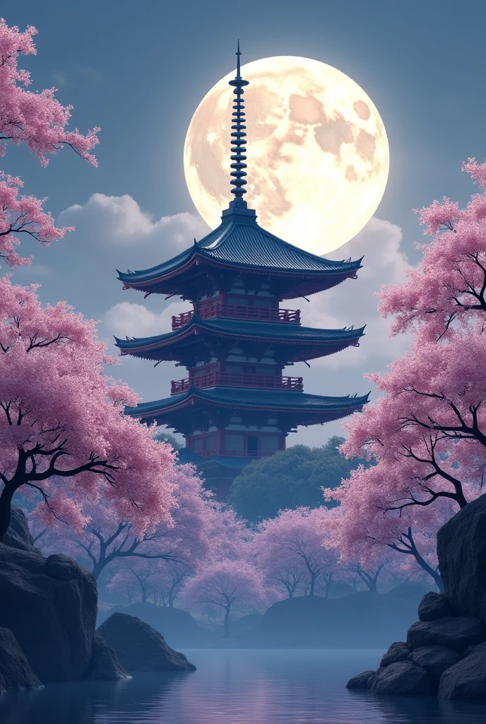 Japanese temple with full moon behind and cherry blossom trees in the foreground