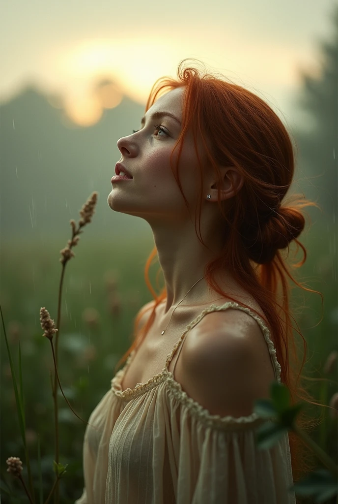 Redhead girl, age 25, close rosto, profile view. She has her face turned towards the sky, eyes locked. Heavy rain falling on your face, wetting in the background ,O Sol.Provence. haze. 超detailded.  Provence. Foggy . High grain film. retro photography, David Hamilton Style. Analog photography. grainy. nymph.