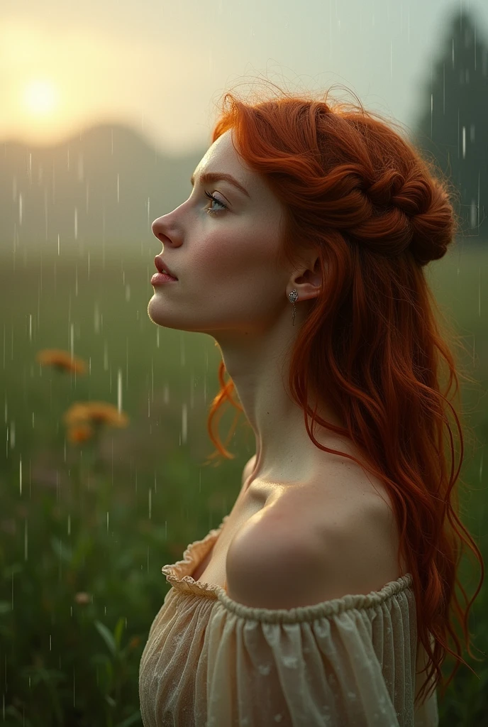 Redhead girl, age 25, close rosto, profile view. She has her face turned towards the sky, eyes locked. Heavy rain falling on your face, wetting in the background ,O Sol.Provence. haze. 超detailded. Provence. Foggy . High grain film. retro photography, David Hamilton Style. Analog photography. grainy. nymph.