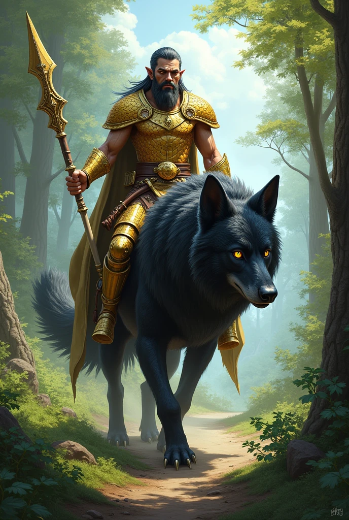 create an image of a golden scale dragonborn druid who has a rapier made of bone and a turtle shell shield as his druidic focus, riding a black dire wolf with yellow eyes