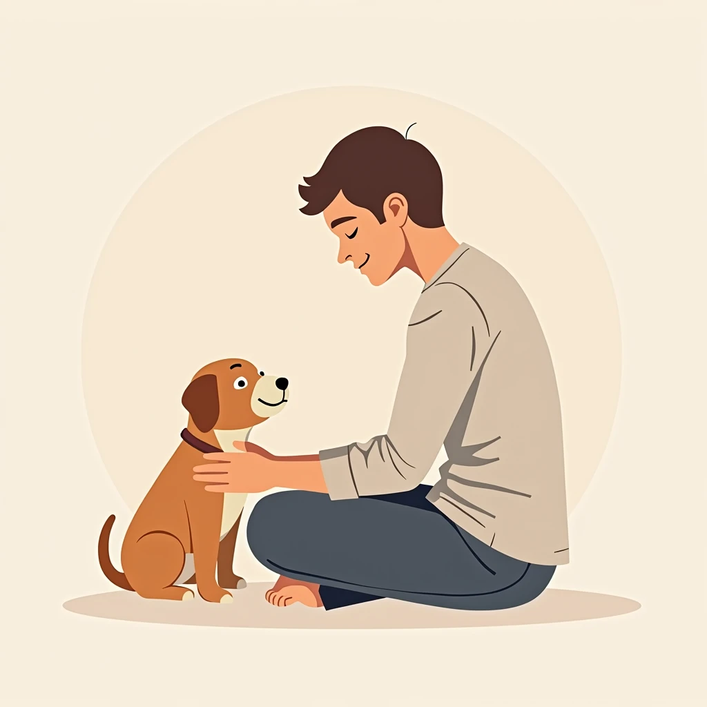 Create a logo with a faceless man petting a puppy on his lap, illustration, logo design