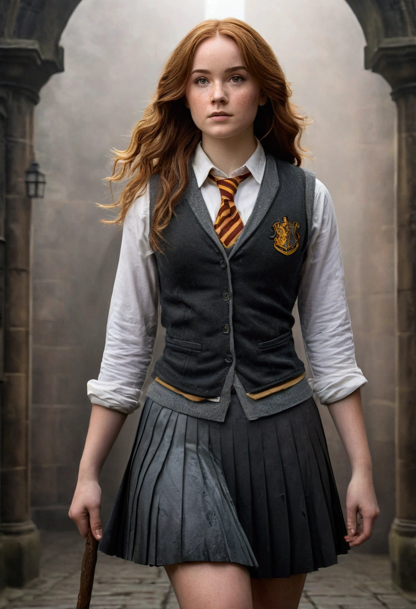 An illustrated movie poster, hand-drawn, full color, a female Hogwarts student, 1, wearing a charcoal vest and a pleated skirt, toned, amazonian stature, athletic hourglass figure, full wide hips, massive round butt, long shapely legs, ridiculously thick powerful thighs, hazel eyes, deep dark auburn hair, long messy waves, flushed sun-kissed complexion, freckles, resembles Genevieve O'Reilly, standing in a foggy Hogwarts courtyard, surrounded by mist, graphite shading, stencil marks, airbrushed acrylic paint, masterpiece, in the Deathly Hallows 