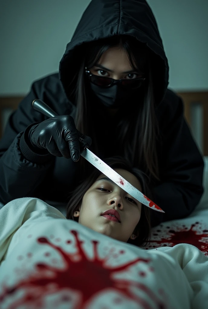 korean girl, (behind stiff, holding knife), stabbing, black surgical mask, black gloves, sunglasses, dark room, black raincoat, hood up, holding knife, black gloves, 20 years old, woman on top, behind cadaver, blood splatter, on the bed, looking at viewer, mass murderer, killer, blood splatter, underexpose lighting
