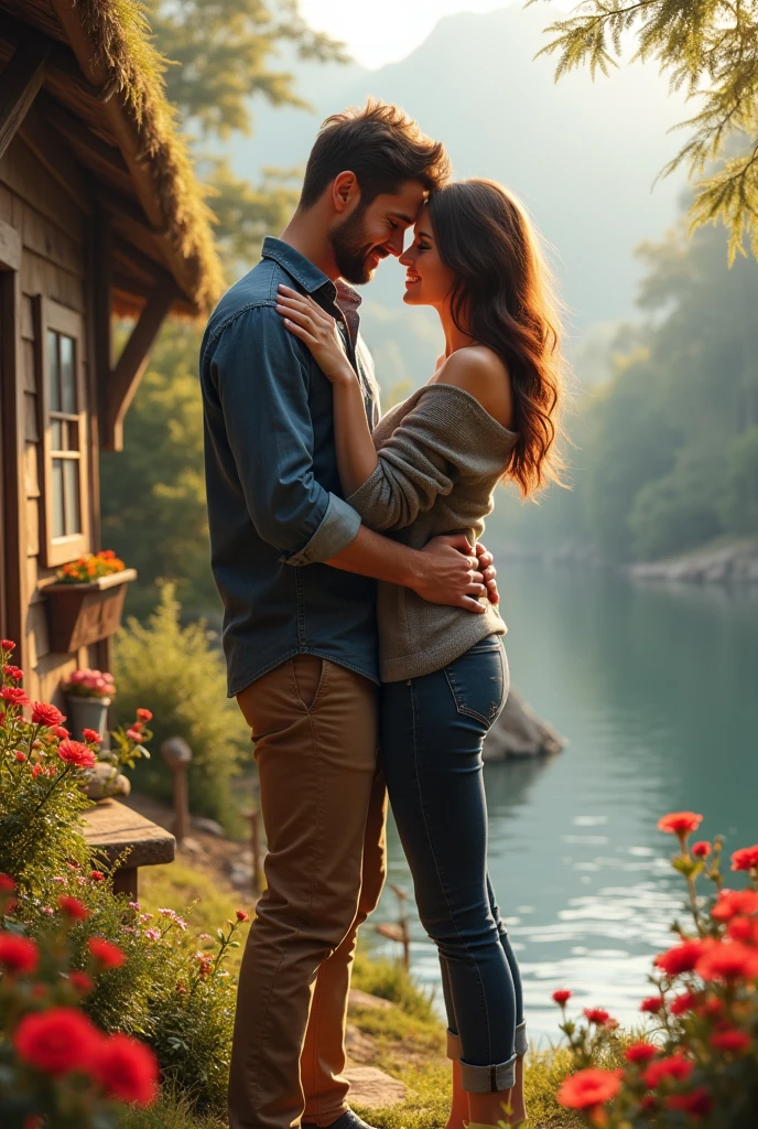 A beautiful couple hugging each other and the side view is like that a beautiful cottage and red flowers and on the other side of the house a beautiful lake