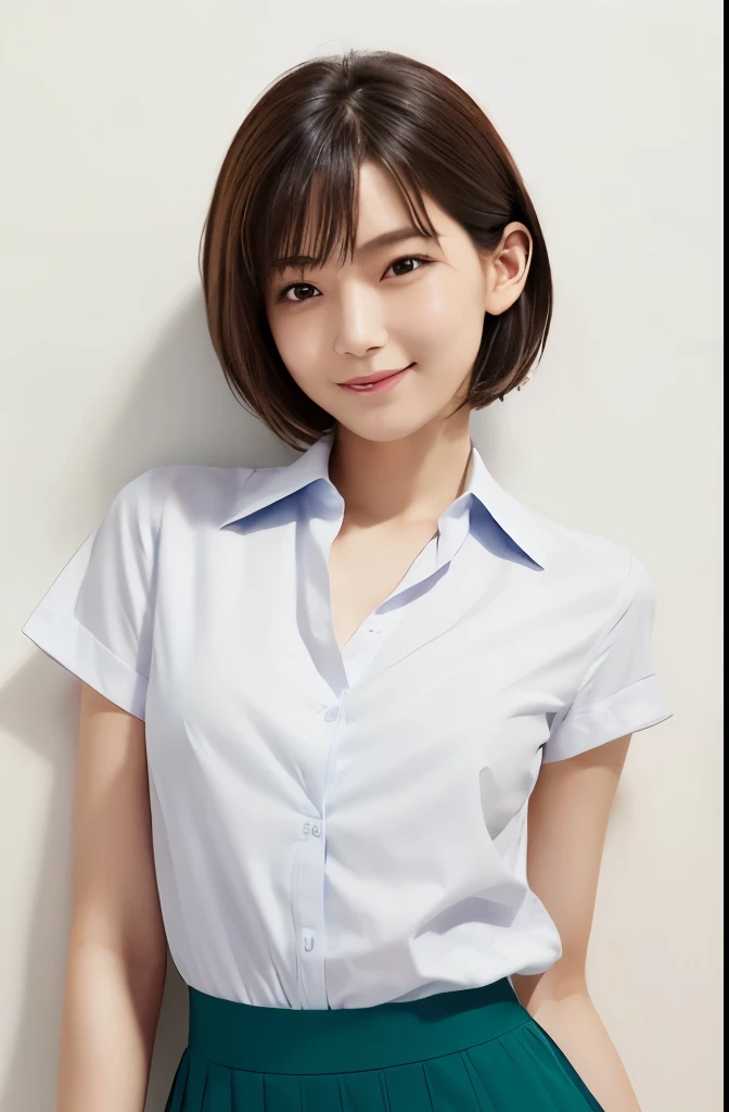 appropriate margins,perfection2Book Arms,perfection5本の指,perfection人体,Slit eyes,Smile,(1 person),(The most beautiful woman),Adult women,The body is slim,((The most wonderful chest)),Moisturized Skin,Fair skin,short hair,Thin eyebrows,(Iris),(skirt),shirt,Less exposure
