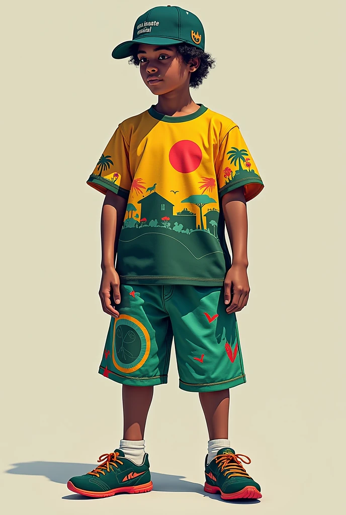 's uniform (cap, shirt and shorts) for a Skate project named "SalvaSkate".
The uniform may have references to favelas and the colors of a well-forested city park without mountains, but you can put favela hills