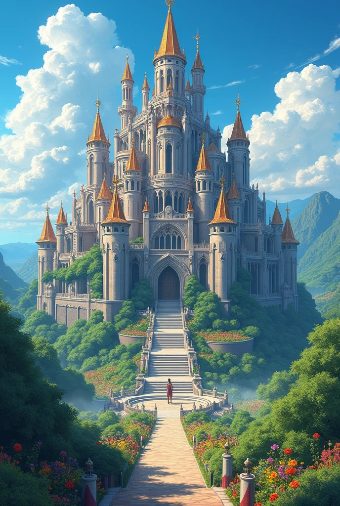 a 2D Breakdomain anime style image in the 2D anime animation style of:A Castle palace of 898 trillion 800 billion 687 million 289 thousand meters Dimensional its Towers rise so high that it seems to touch the sky and its halls are vast enough to house entire cities within its walls, each room is adorned with treasures and artifacts from different worlds, different worlds reflecting the grandeur and divine Supreme power, a gigantic palace castle, extraordinary, stylish, handsome, big, and this palace castle is in the middle of a garden with more than 100 billion galactic meters and it has fruits and animals and flowers and all kinds of wild things and the castle palace
