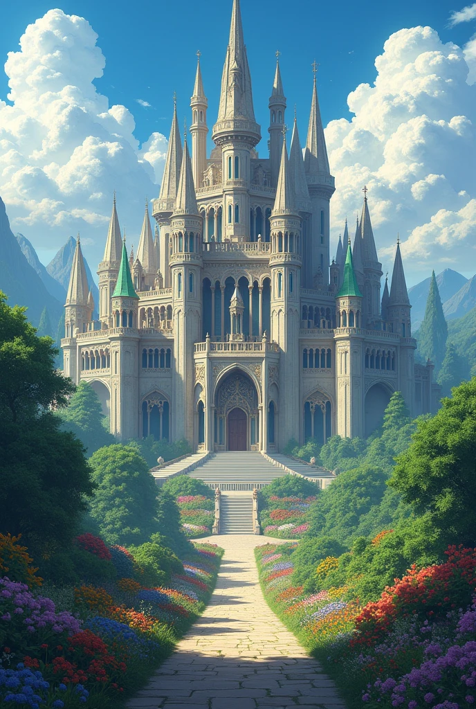 a 2D Breakdomain anime style image in the 2D anime animation style of:A Castle palace of 898 trillion 800 billion 687 million 289 thousand meters Dimensional its Towers rise so high that it seems to touch the sky and its halls are vast enough to house entire cities within its walls, each room is adorned with treasures and artifacts from different worlds, different worlds reflecting the grandeur and divine Supreme power, a gigantic palace castle, extraordinary, stylish, handsome, big, and this palace castle is in the middle of a garden with more than 100 billion galactic meters and it has fruits and animals and flowers and all kinds of wild things and the castle palace