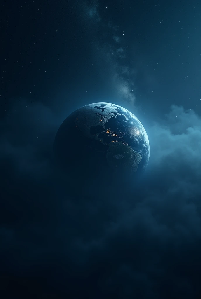 Dark planet earth and stars in blue sky background 