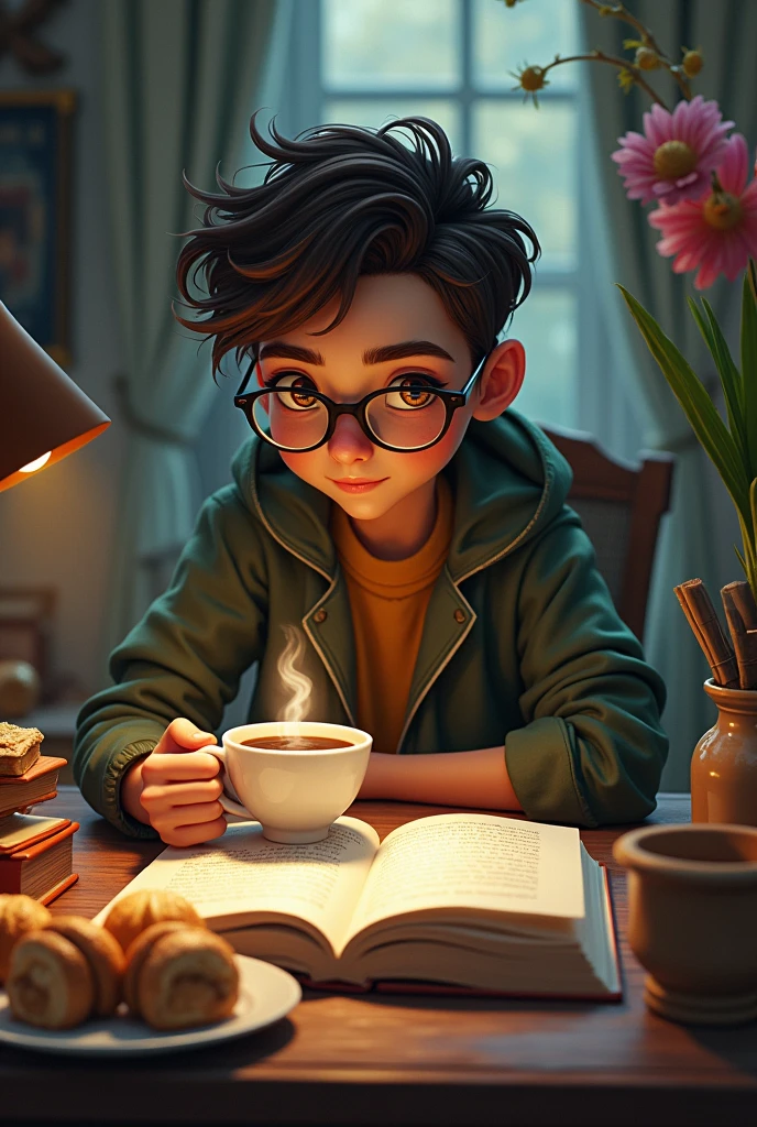 A fantasy book, a cup of coffee, a PC mouse and pastries


