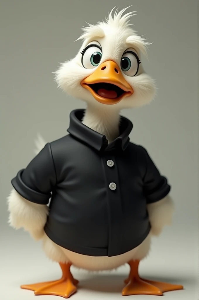 Scared duck wearing a black shirt 