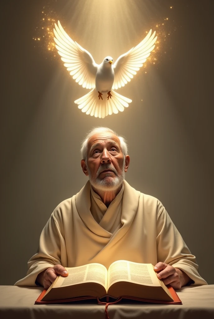 one  men , reading the holy bible, and in heaven, a dove with a brightness and a shining light towards the bible, square dimension