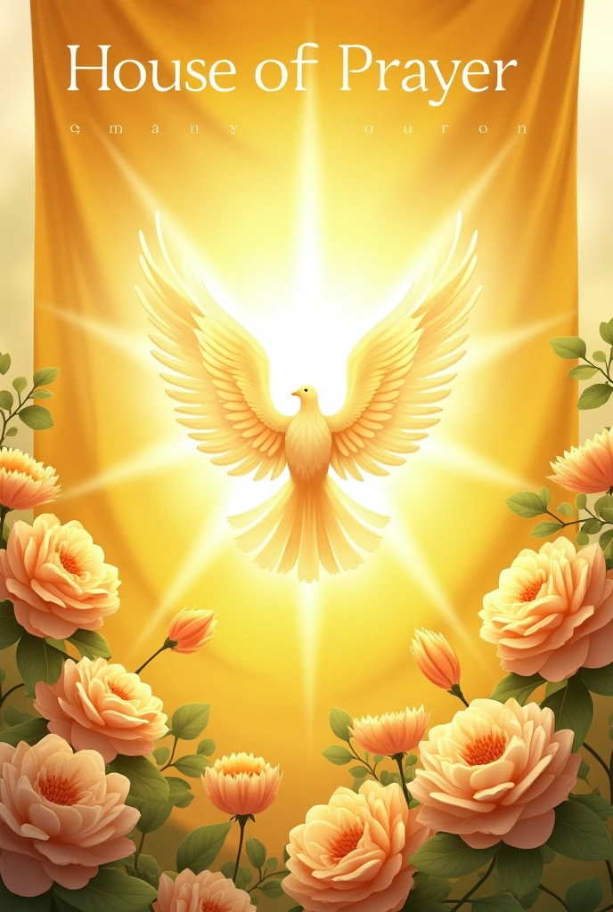 A flag that says house of prayer and below garden of Jehovah with the holy spirit in the form of a dove in the center with a yellow background and flowers on the sides