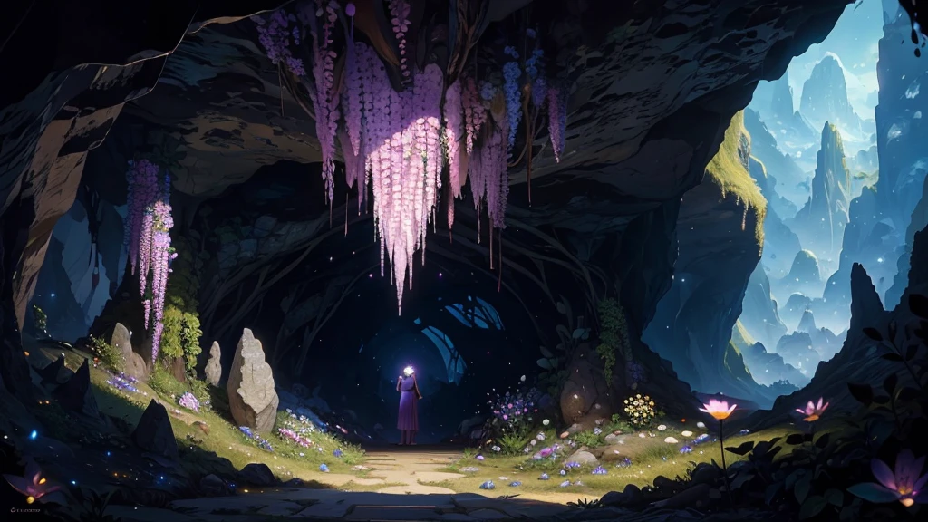 (masterpiece)),((Highest quality)),((High Detail)),nobody, background, cave, crystal, Mysterious flower, Cave, stalagmites