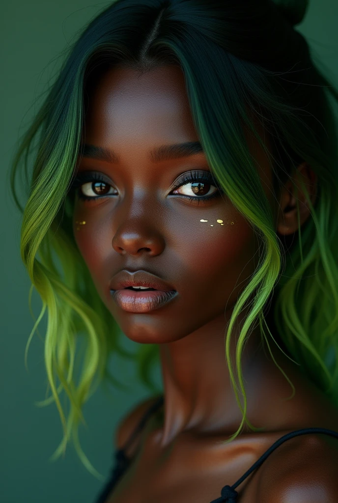 A black girl with a waxy and glowing chocolate complexion, sexy teenager with black eyes and dark green hair and slightly lime green towards the bottom