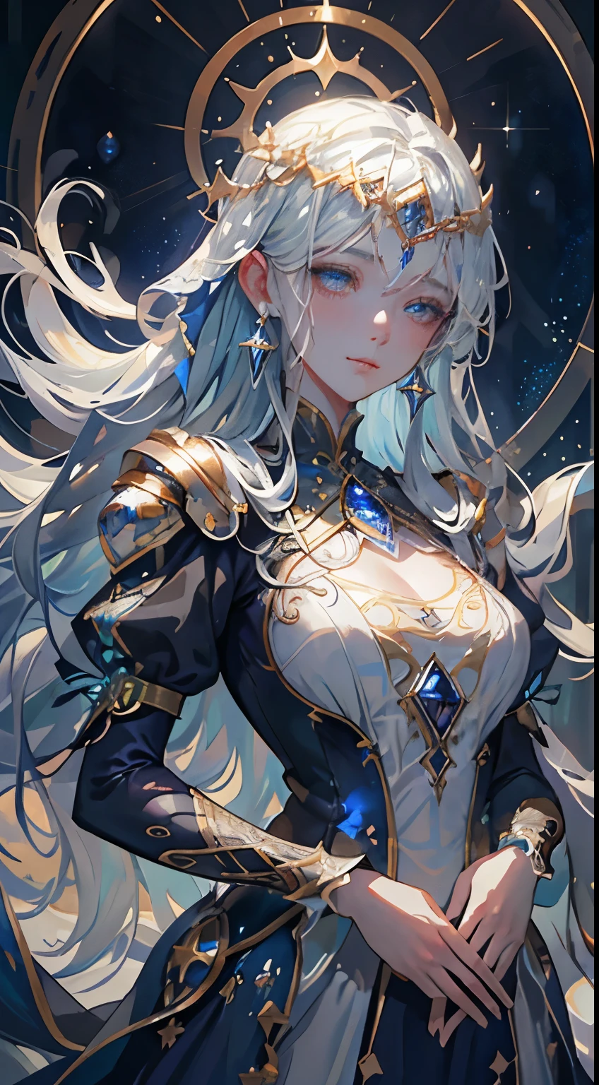 Highest quality, Realistic, photoRealistic, Very detailed, Extremely detailed engraving "Southern Ice" porcelain,Ultra Wide Angle,Accent lighting,Volumetric lighting,Backlight, (Detailed light),((Very delicate and beautiful)),dramatic_Shadow,Ray_vestige,High resolution, Particles of light, Soft lighting, Volumetric lighting, Intricate details, In detail, Deep blue eyes, Long eyelashes, Thick eyelashes, One person, One personで, Lapis Lazuli Hair, Blue Hair,Long Hair,View your audience, Glamorous Dress, backless dress, Puff sleeves, Juliet Sleeve,Wang He,Queen,Starry sky background,Greek Mythology,smile,Star-studded,Ruler of all things,Beautiful Goddess,hair ornaments,impressive目,Strong willed,impressive,A woman praying to God,Iconic illustrations,The symbolism of olives,