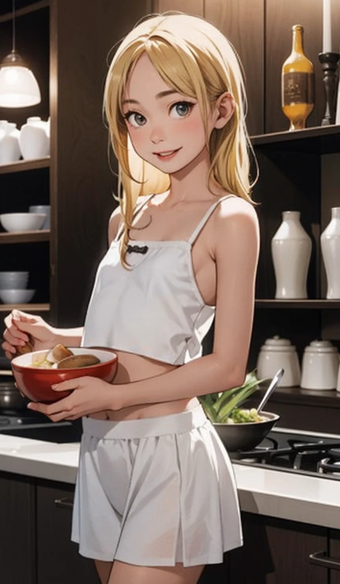 Perfect picture,{Girl with a camisole}{Duan,kitchin}(surround the pot){Beautifull}{hedonism},{dining,Oden}, girl,4K picture quality, Cinematic,{Gamine},{small body and chest} Long hair,a blonde,cute expression,face perfect,{girl showing a smile}, white camisole, navel, skirt