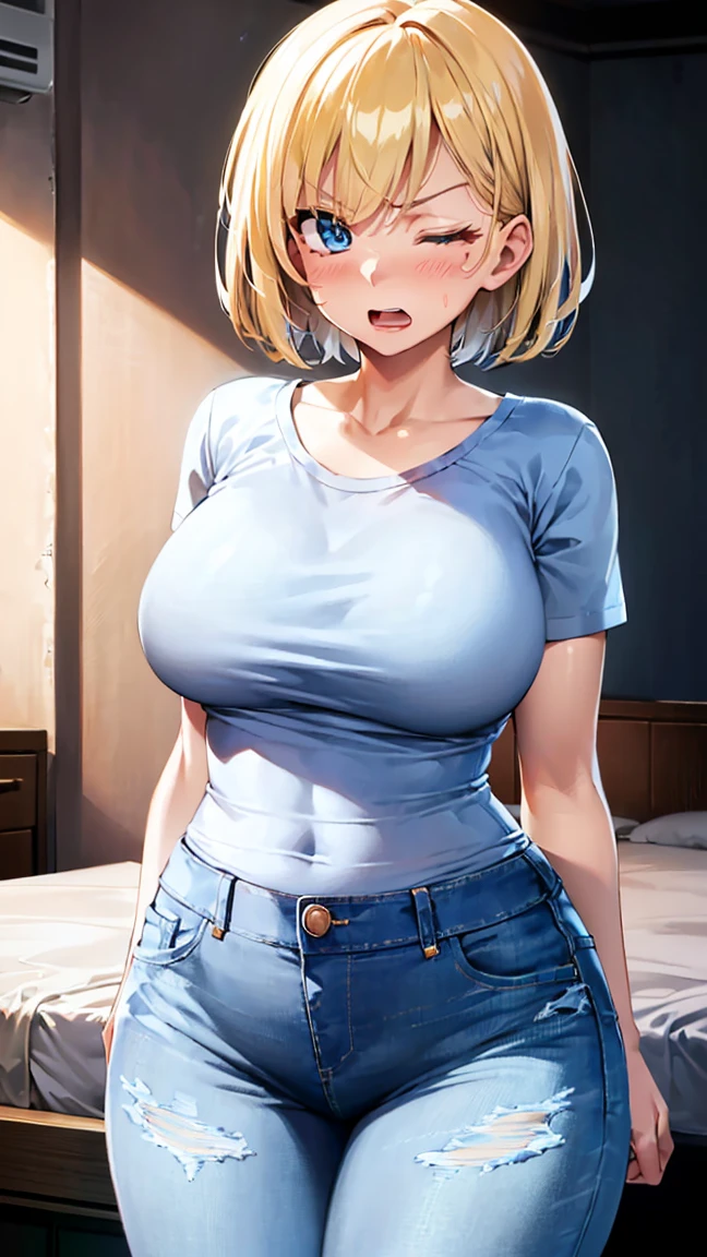 looking at viewer, eyes closed,(gleaming skin:1.3), blush, angry, A girl with blonde short hair, tan skin, sky-blue eyes, open mouth, wearing a white bikini, breast,standing, (bedroom:1.6). arms behind back. 1girl, extremely detailed CG, super detailed skin, perfect anatomy, dynamic lighting, beautiful detailed eyes, Top quality、Realistic、woman、milf 、Beautiful Eyes、Symmetrical eyes、(shy:1.4)、 (Big breasts bigger than face、curvy body:1.2)、 (Plain white short sleeve t-shirt、denim:1.6), BREAK (wariza, on a bed:1.5)、