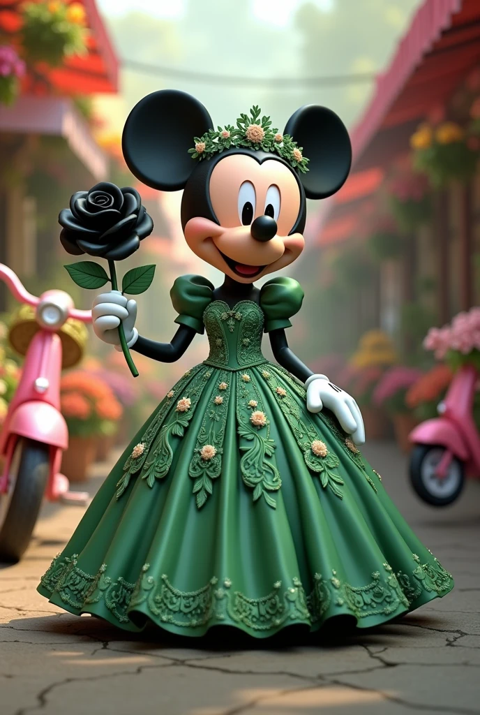 Micky mouse in green wedding dress and a pink cycle place near her back ground is a flower market and hold a black rose