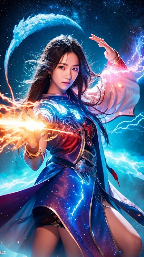 Depict Soraka in her 'Arcane Sage' skin, dressed in an elaborate, massive k-cups,mystic robe with arcane runes and a glowing staff. Soraka is casting her 'Equinox' ability, creating a magical, pulsating shield of energy around her and her allies. The scene shows swirling arcane symbols and a protective barrier that shimmers with mystical light.