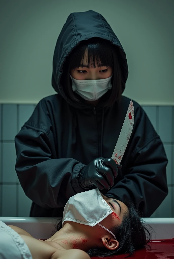 korean girl, (behind stiff, holding knife), stabbing, surgical mask, black leather gloves, bath room, black raincoat, hood up, holding knife, leather gloves, woman on top, behind cadaver, looking at viewer, blood splatter, night, mass murderer, killer, short hair, blood splatter, tripod and camera in the back, shooting with camera
