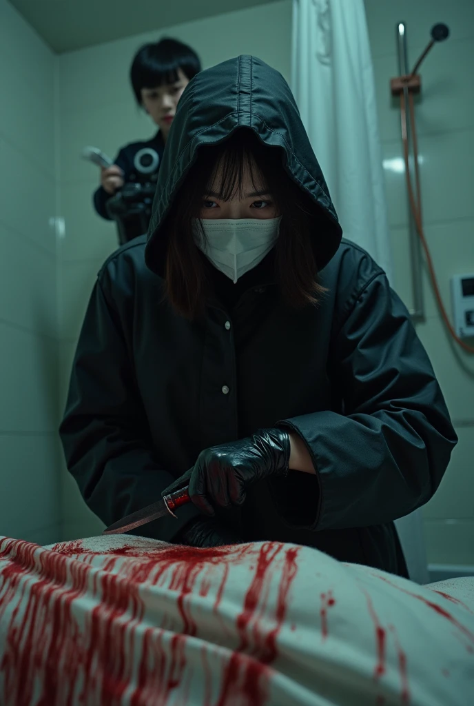 korean girl, (behind stiff, holding knife), stabbing, surgical mask, black leather gloves, bath room, black raincoat, hood up, holding knife, leather gloves, woman on top, behind cadaver, looking at viewer, blood splatter, night, mass murderer, killer, short hair, blood splatter, tripod and camera in the back, shooting with camera