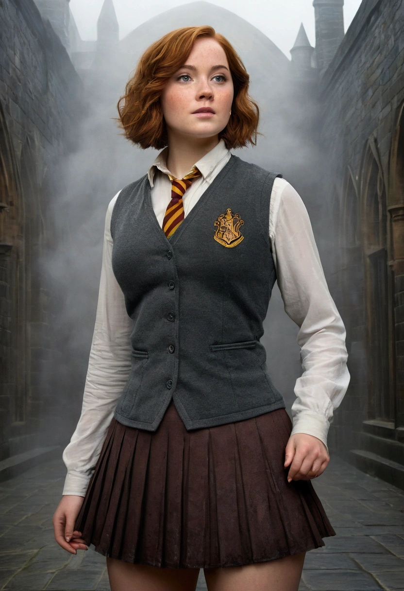 An illustrated movie poster, hand-drawn, full color, a female Hogwarts student, 1, wearing a charcoal vest and a pleated skirt, toned, amazonian stature, athletic hourglass figure, full wide hips, massive round butt, long shapely legs, ridiculously thick powerful thighs, hazel eyes, deep dark auburn hair, short curly bob cut, flushed sun-kissed complexion, freckles, resembles Genevieve O'Reilly, standing in a foggy Hogwarts courtyard, surrounded by mist, graphite shading, stencil marks, airbrushed acrylic paint, masterpiece, in the Deathly Hallows