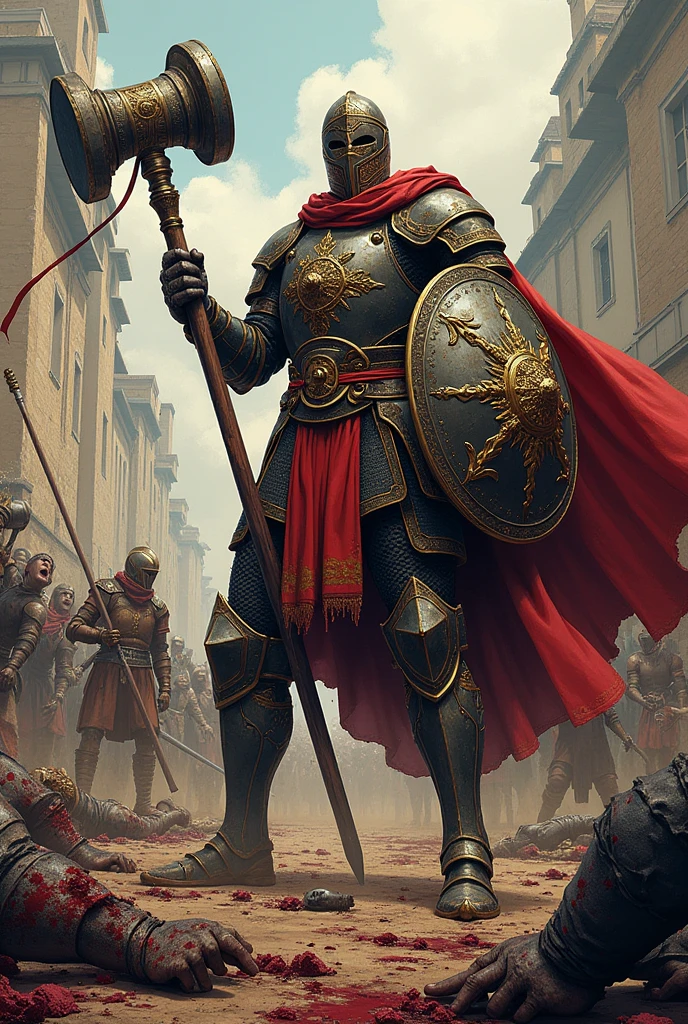 A highly detailed, colored illustration in a seinen manga style, depicting an elite guard of a city-state ruler during the Renaissance era. In a ruthless battle scene, the elite guard, a figure of towering strength, engages in brutal combat wielding war hammer in one hand shield in another. He wearing heavy decorated armour. There are dead everywhere. the scene full with blood and gore.