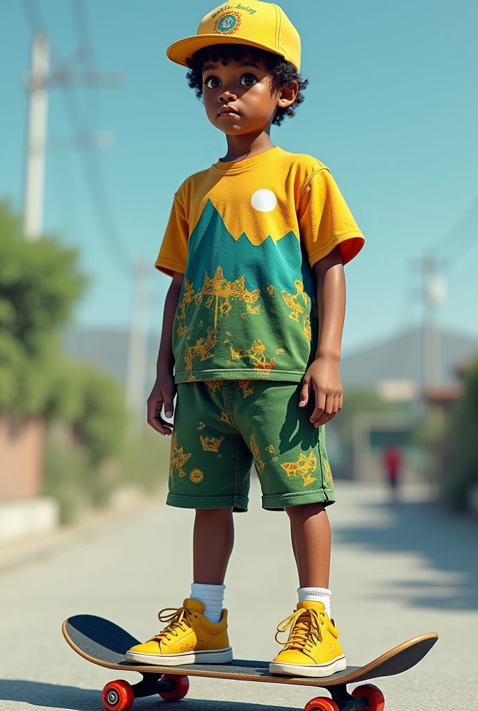 's uniform (cap, shirt and shorts) for a Skate project named "SalvaSkate".
The uniform may have references to favelas and the colors of a well-forested city park without mountains, but you can put favela hills