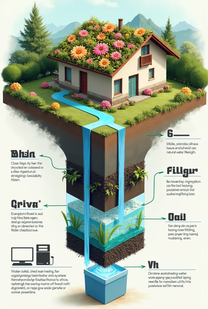 Make a diagram where a house has a rainwater recycling system where its collection system is a roof with flowers and the water goes down some pipes to some water filters. (arena, Grava, coal) and finally they arrive at a container where a computer measures their level of portability