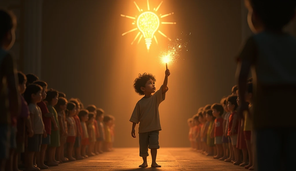 Depict a radiant scene where a young child, holding a glowing wand, stands in a darkened room. As the child waves the wand, the darkness recedes, revealing bright, comforting light that illuminates other children who were previously in the shadows. Above them, a glowing symbol of Lumos (a stylized light bulb or a bright star) shines, symbolizing hope, safety, and care. The overall mood should be uplifting, showcasing the transformation from darkness to light, embodying the mission of Lumos to bring light to the lives of vulnerable children around the world."