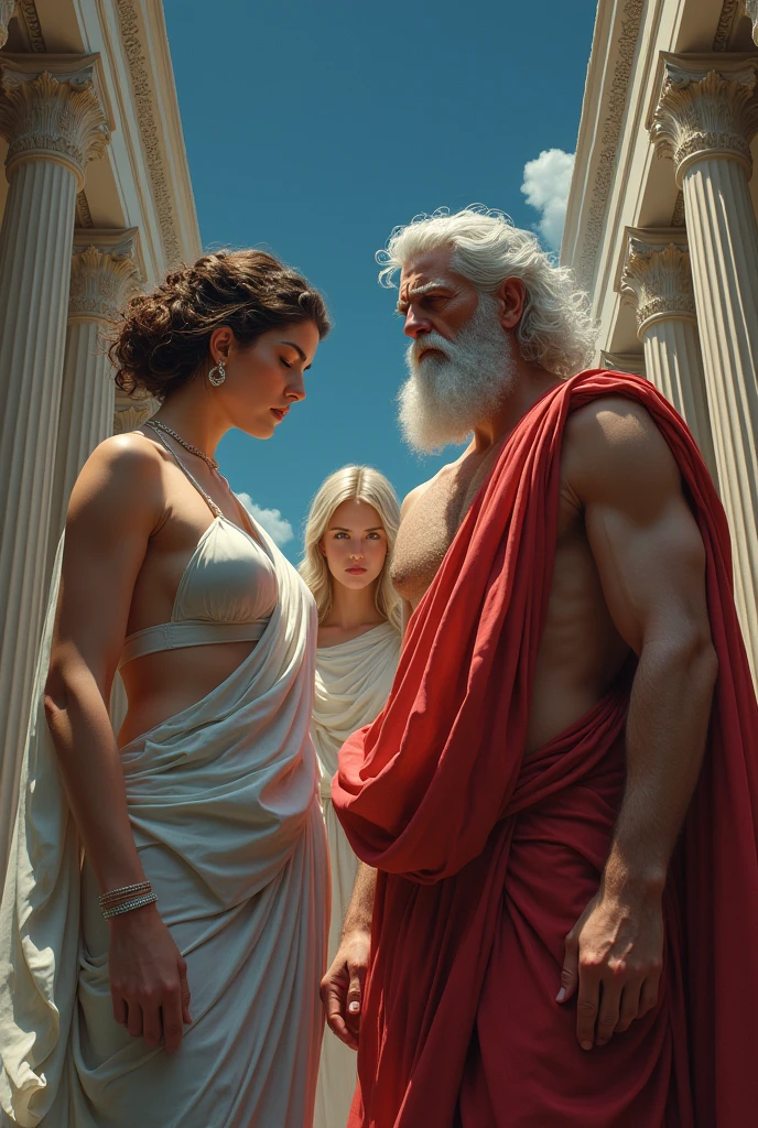 Zeus with a face of displeasure is with Aphrodite and behind them two appears another woman Sappho of Lesbos, The Greek poet in the mythological era