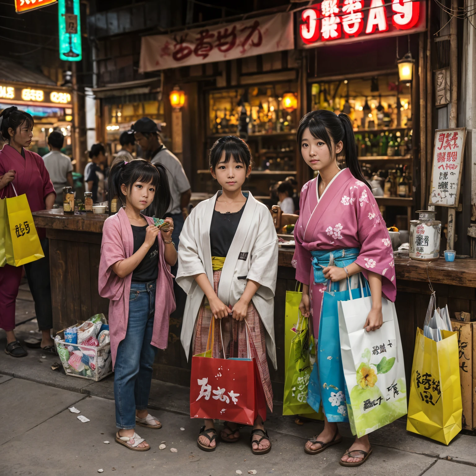 ((masterpiece、Highest quality))、Beautiful girls gather.、Three girls in summer clothes、(Showa Retro:1.2)、(Detailed and cute face:1.3)、(Poor conditions、Japan's poor neighborhoods、Dim and unsanitary、Standing Bar、みんなで楽しくdiet、Crumbling shopping mall:1.3)、屋台のdiet店、stage、sewage、Dirty shop、street vendors、Unsanitary and abandoned city、smile、diet、Poor person々