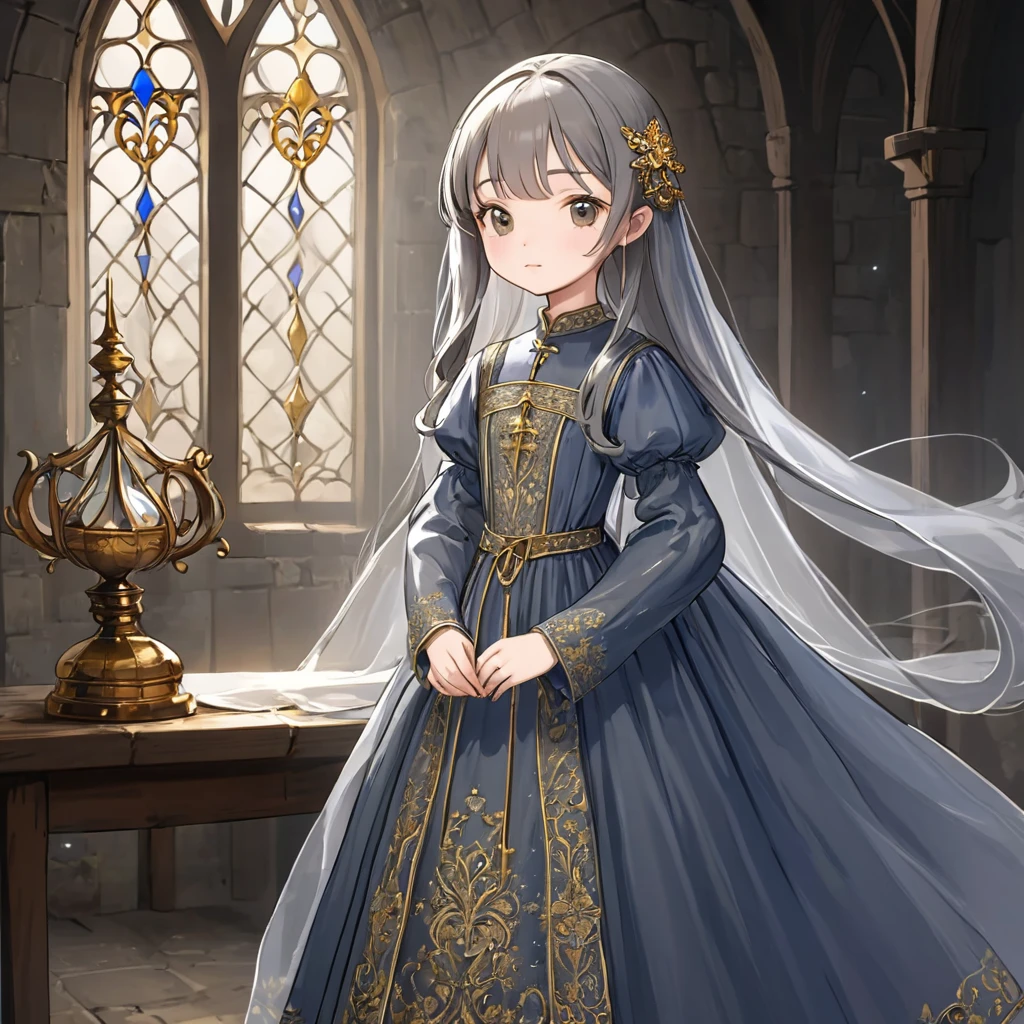 8 year old medieval girl, Medieval golden embroidery、Translucent long one-piece dress, gray, translucent tights, fabric, realistic, highest quality