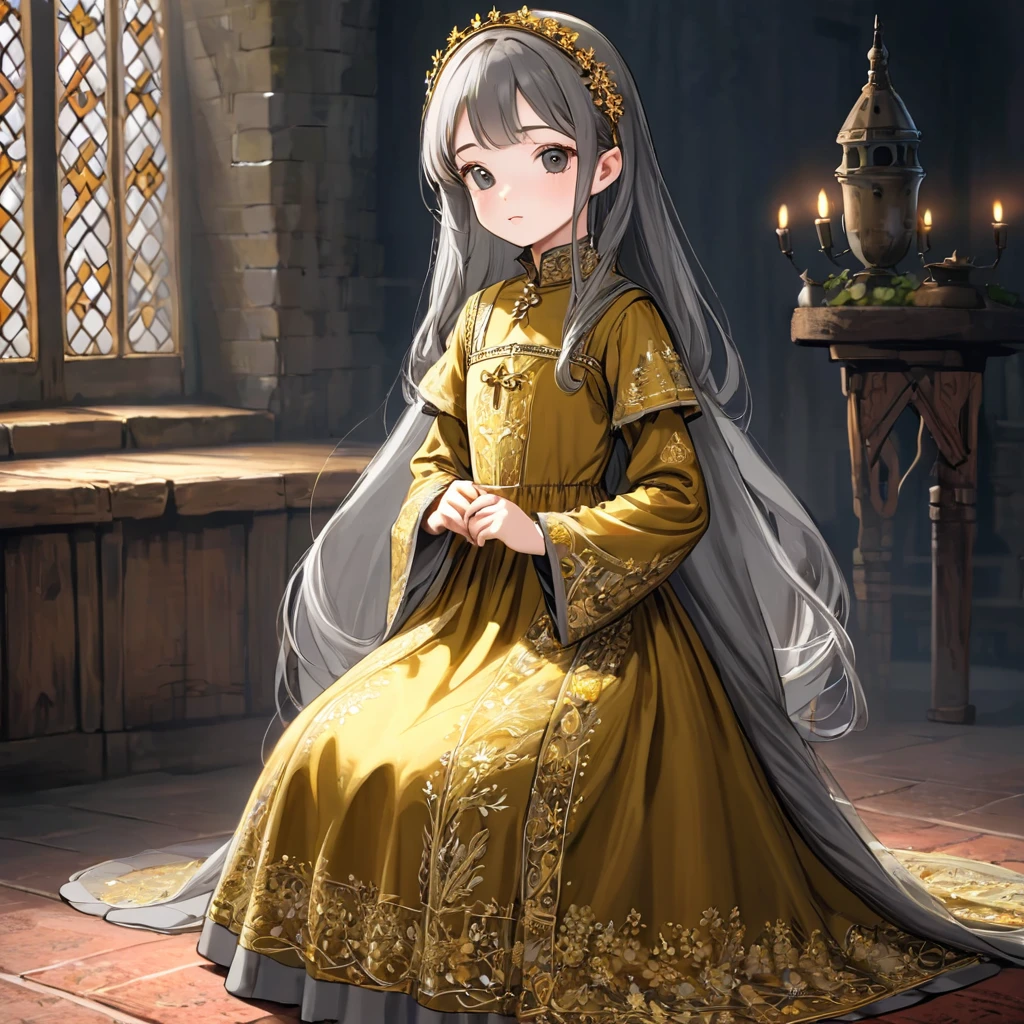 8 year old medieval girl, Medieval golden embroidery、Translucent long one-piece dress, gray, translucent tights, fabric, realistic, highest quality
