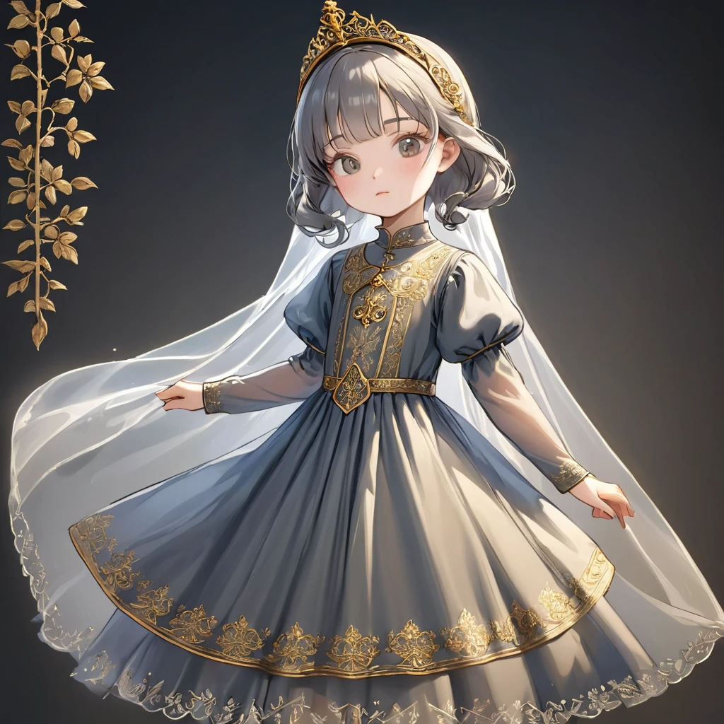 8 year old medieval girl, Medieval golden embroidery、Translucent long one-piece dress, gray, translucent tights, fabric, realistic, highest quality