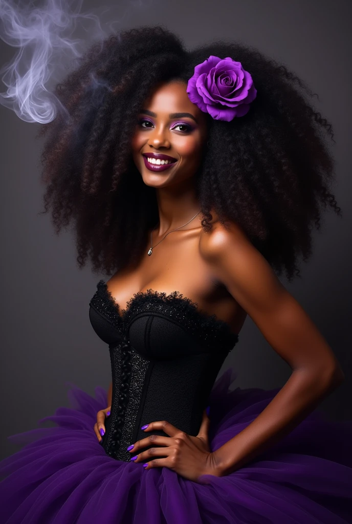 black woman with voluminous curly hair at  length with a purple rose on the side of her hair, with a wide smile and wine-colored lipstick, wears tight black corset, a dark purple skirt with some sparkles, very voluminous, has a wide smile and holds a black cigarette in one hand where the smoke from this cigarette forms a pombogira trident design
