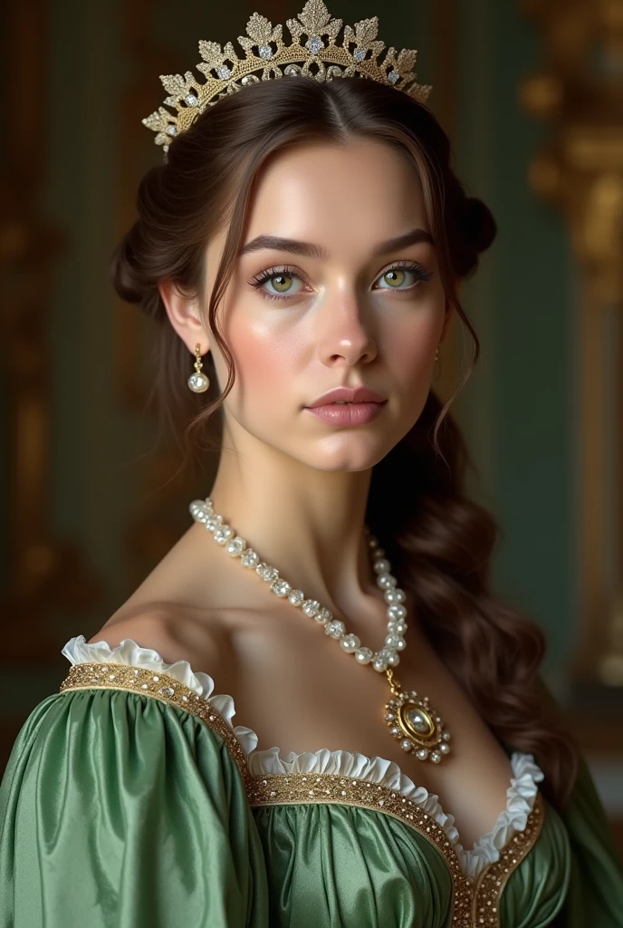 Close up shot , looking at camera , Empire of Austria -Hungary girl, 24 old, (Light brown hair, middle hair ,  wince, Green  eyes, beautiful lip,  serious), (Pearl crescent earrings,  Pearl and gold neckless, tiara with Dimond ), (big breasts, slender whist, wide hip) ,(Rococo 18the century dress), Green base dress , (Blue Dexter:1.3), decoration medal , in  Palace, in Austria, textured skin , HI detailed skin, (foreshortening, Canon, UHD, anatomically correct,  super detail, high details, highness, Pointillism, masterpiece,best quality, ultra realistic,32k,RAW photo,detail skin, 8k uhd, dslr,high quality, film grain,Shag hair, arm warmers, (girl, bare shoulders, sexy:1.1) , cinematic shot, studio lighting((ASIAN WOMAN))