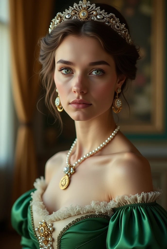 Close up shot , looking at camera , Empire of Austria -Hungary girl, 24 old, (Light brown hair, middle hair ,  wince, Green  eyes, beautiful lip,  serious), (Pearl crescent earrings,  Pearl and gold neckless, tiara with Dimond ), (big breasts, slender whist, wide hip) ,(Rococo 18the century dress), Green base dress , (Blue Dexter:1.3), decoration medal , in  Palace, in Austria, textured skin , HI detailed skin, (foreshortening, Canon, UHD, anatomically correct,  super detail, high details, highness, Pointillism, masterpiece,best quality, ultra realistic,32k,RAW photo,detail skin, 8k uhd, dslr,high quality, film grain,Shag hair, arm warmers, (girl, bare shoulders, sexy:1.1) , cinematic shot, studio lighting((ASIAN WOMAN))