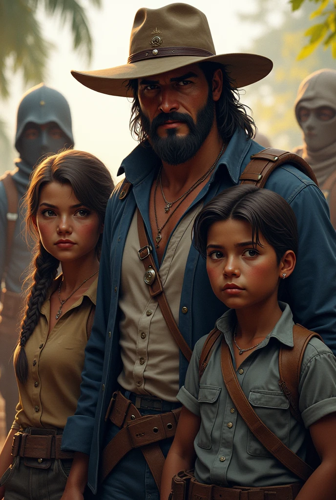 Lily (the archeologist) and Carlos (the local guide) teams up with Dante (the mercenaries' captain, a strong and bad man with a hat). The others mercenaries are seen behind them, with masks. A bigger scenario.