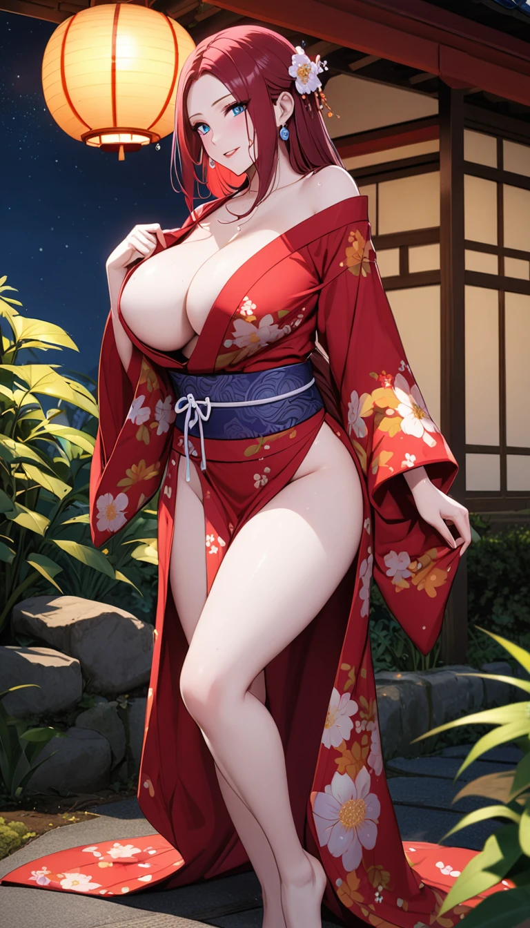 solo, long hair, breasts, looking at viewer, bangs, big breasts:1.9, hair ornament, cleavage, blue eyes, full body, clip on hair, laughter ,parted lips, japanese clothes, kimono, mole, mole under eye, kushina ,curve body,milf,motherly,mature female,night sky ,standing ,cross hand holding kimono,untied kimono, cowboy shot,kimono off the shoulder,oil skin, Milky white skin, ,wet hair, mercenary pose,face on front,big round breasts. slightly , slim body, sexy body, white skin, loose kimono ,face on camera , erotic pose,in a garden, earrings, jewellery,thicc women,