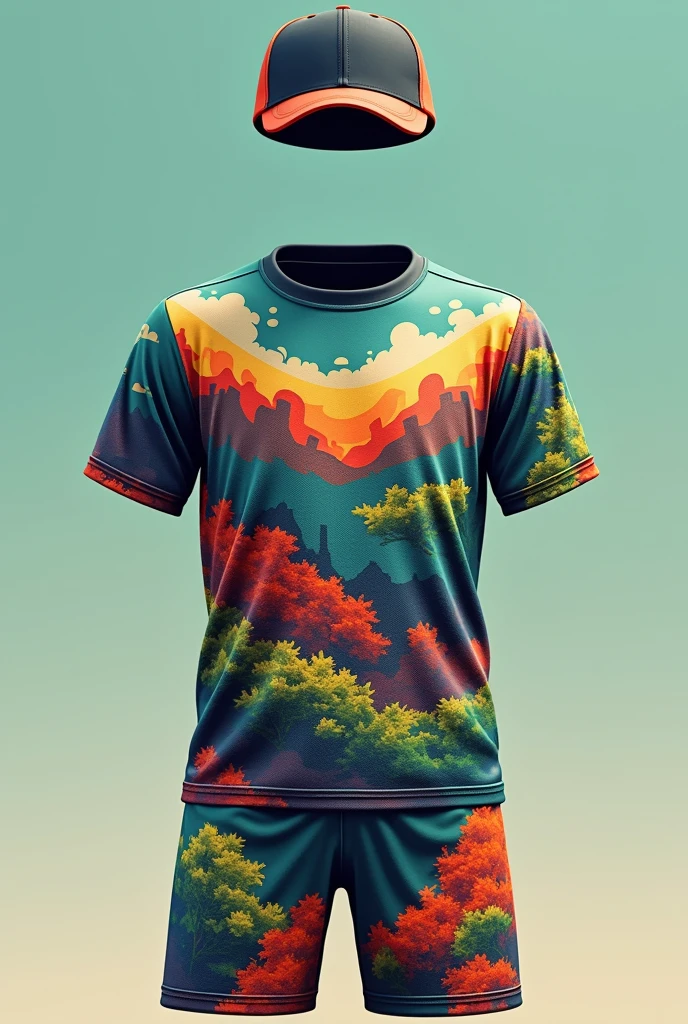 's uniform (cap, shirt and shorts) for a Skate project named "SalvaSkate".
The uniform may have references to favelas and the colors of a well-forested city park without mountains, but you can put favela hills