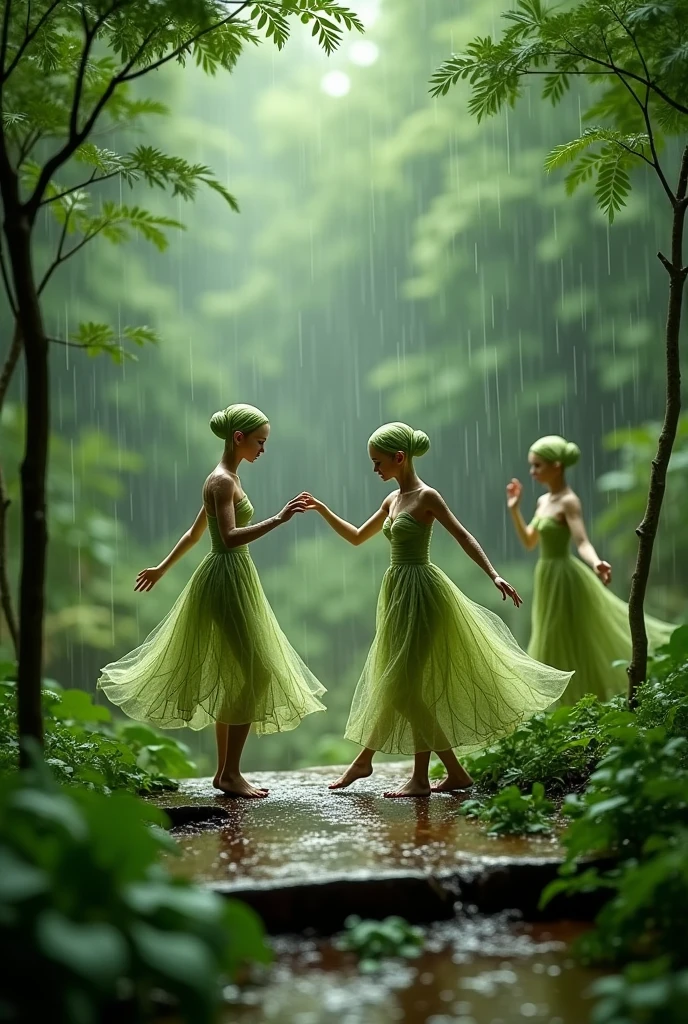 The neem petals are assembled like men and women and dancin in between forest on the wooden cit piece and the rainy day is marvellous