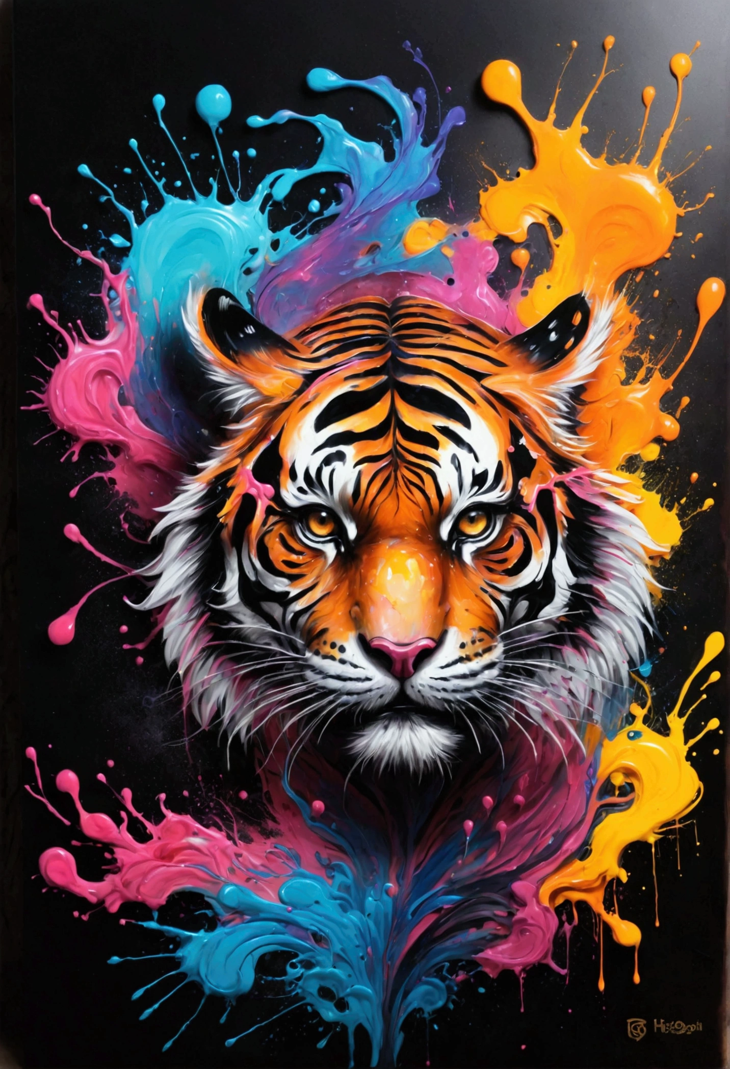 (((fantasy ink splatter art:1.3))), hissing tiger, A fascinating beautiful landscape appears, Chaotic colorful strokes ink splashes, Intricate details blend into the world of the ethereal forest, Otherworldly creatures, insanely beautiful, gongbi, Every stroke exudes an enchanting feeling, extraordinary creation, Whether ink painting or oil painting, Master stunning details, pure brilliance, Spooky atmosphere ink splash coating,
