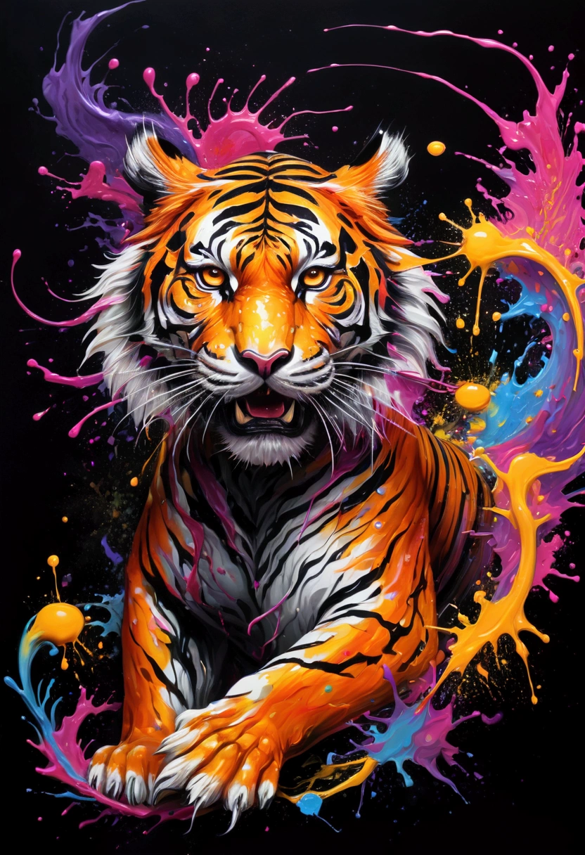 (((fantasy ink splatter art:1.3))), hissing tiger, A fascinating beautiful landscape appears, Chaotic colorful strokes ink splashes, Intricate details blend into the world of the ethereal forest, Otherworldly creatures, insanely beautiful, gongbi, Every stroke exudes an enchanting feeling, extraordinary creation, Whether ink painting or oil painting, Master stunning details, pure brilliance, Spooky atmosphere ink splash coating,