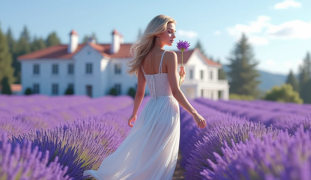 A beautiful lavender farm. A beautiful white luxury house in the background of the natural lavender farm. A beautiful pretty girl is walking in the farm. The girl is having a lavender flower in her hand and smelling it. The fragrance is spreading like musical notes everywhere.