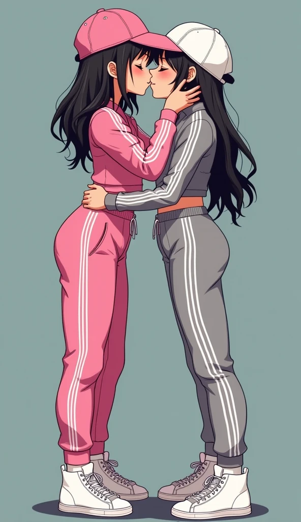 Two girls long black hairs, yuri, girl love.
The first girl wear a pink adidas pants, pink cap, white socks, white pink adidas sneakers high top.
The second girl wore a grey adidas pants, grey cap, white socks, white grey adidas sneakers high top.
French kiss, lesbian kiss, hugging, sensual body, closed eyes, novel cartoon, 4K, HD
