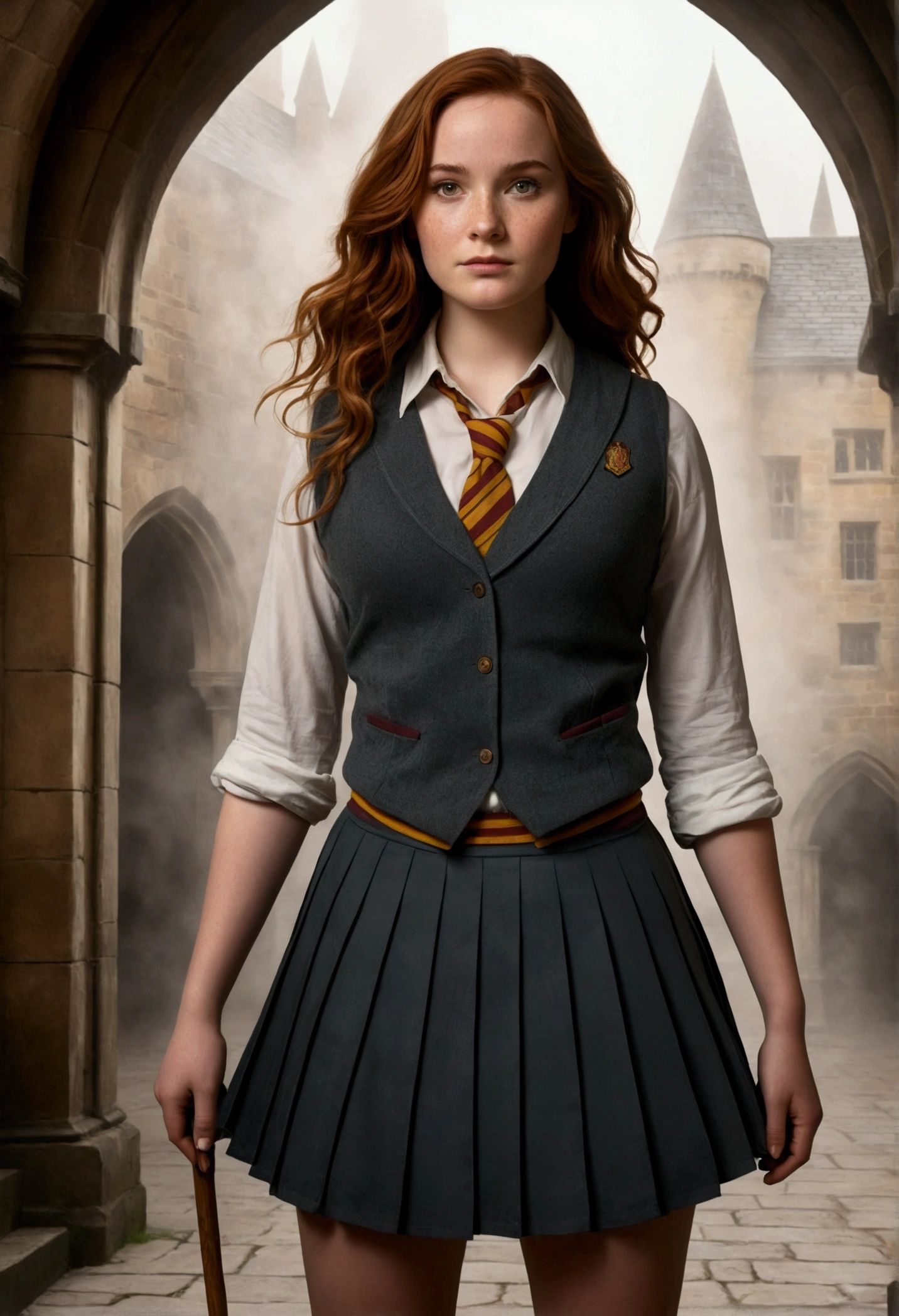 An illustrated movie poster, hand-drawn, full color, a female Hogwarts student, 1, wearing a charcoal vest and a pleated skirt, toned, amazonian stature, athletic hourglass figure, full wide hips, massive round butt, long shapely legs, ridiculously thick powerful thighs, hazel eyes, deep dark auburn hair, long messy waves, flushed sun-kissed complexion, freckles, resembles Genevieve O'Reilly, standing in a foggy Hogwarts courtyard, surrounded by mist, graphite shading, stencil marks, airbrushed acrylic paint, masterpiece, in the Deathly Hallows 