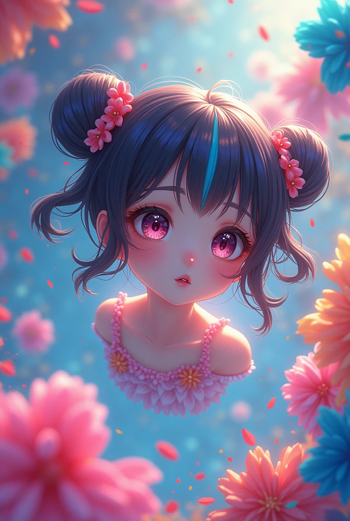 a beautiful detailed girl in a dynamic floating colorful dreamscape, masterpiece, 8k, hyper realistic, extremely detailed facial features, intricate hair, small breasts, detailed anime face, beautiful detailed eyes, gradient color eyes, colorful hair, striped hair, colorful background, high saturation, surrounded by colorful splashes, colorful bubbles, shining