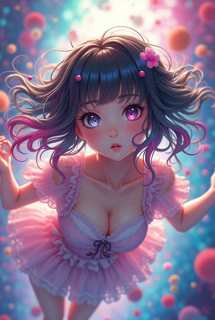 a beautiful detailed girl in a dynamic floating colorful dreamscape, masterpiece, 8k, hyper realistic, extremely detailed facial features, intricate hair, small breasts, detailed anime face, beautiful detailed eyes, gradient color eyes, colorful hair, striped hair, colorful background, high saturation, surrounded by colorful splashes, colorful bubbles, shining